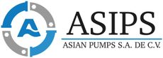 El logotipo de Asian Pumps SA de CM es azul y gris.