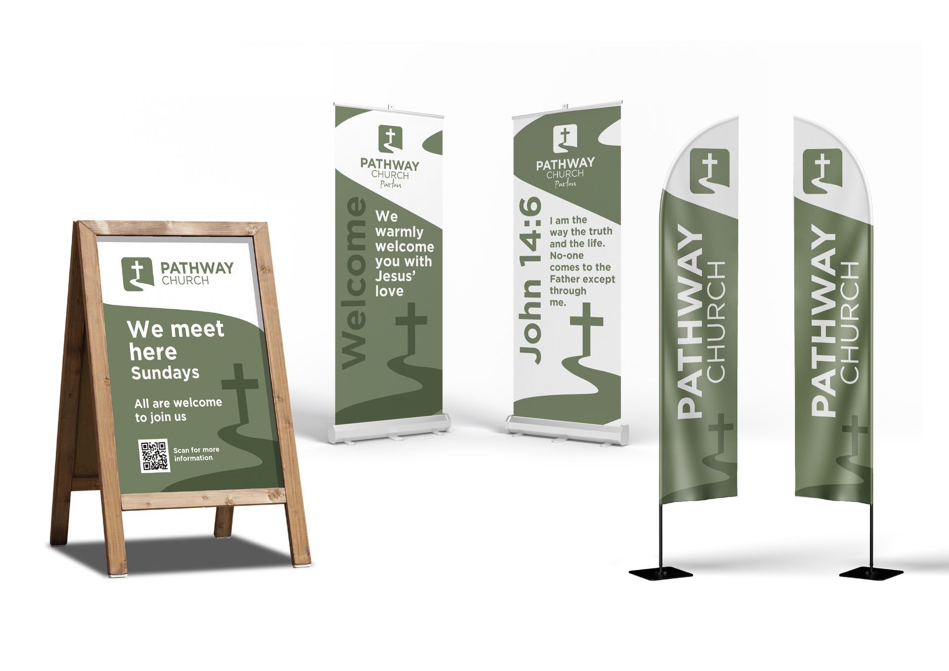 Feather flags, roller banners and boards