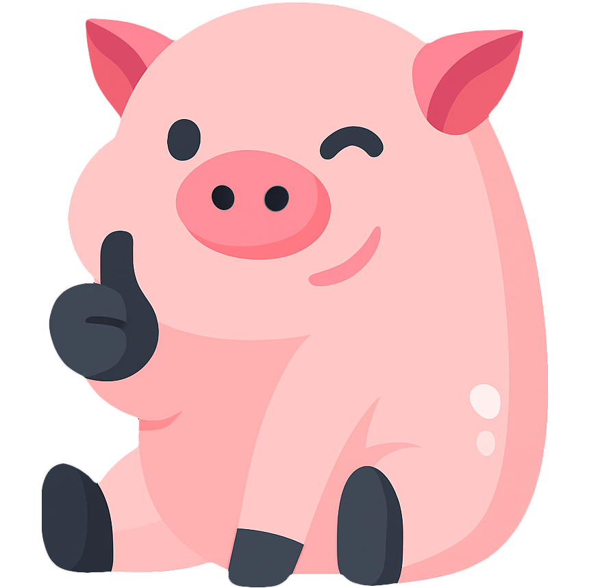 A pink pig is sitting down and giving a thumbs up.