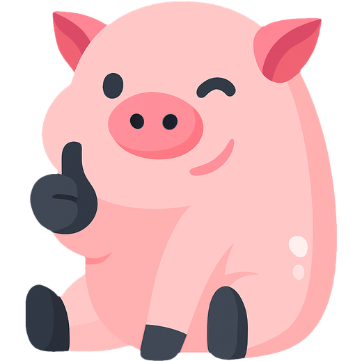A pink pig is sitting down and giving a thumbs up.