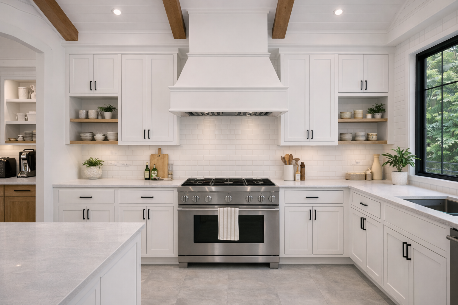 White modern kitchen with stainless steel range, white cabinets, and wooden beams.