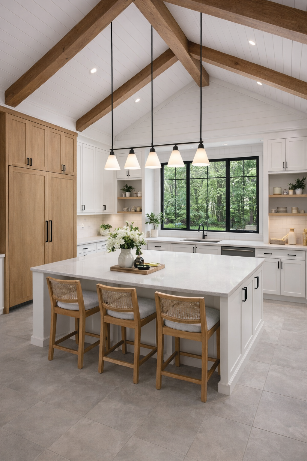 Bright, modern kitchen with white cabinets, wood beams, and island with woven bar stools.