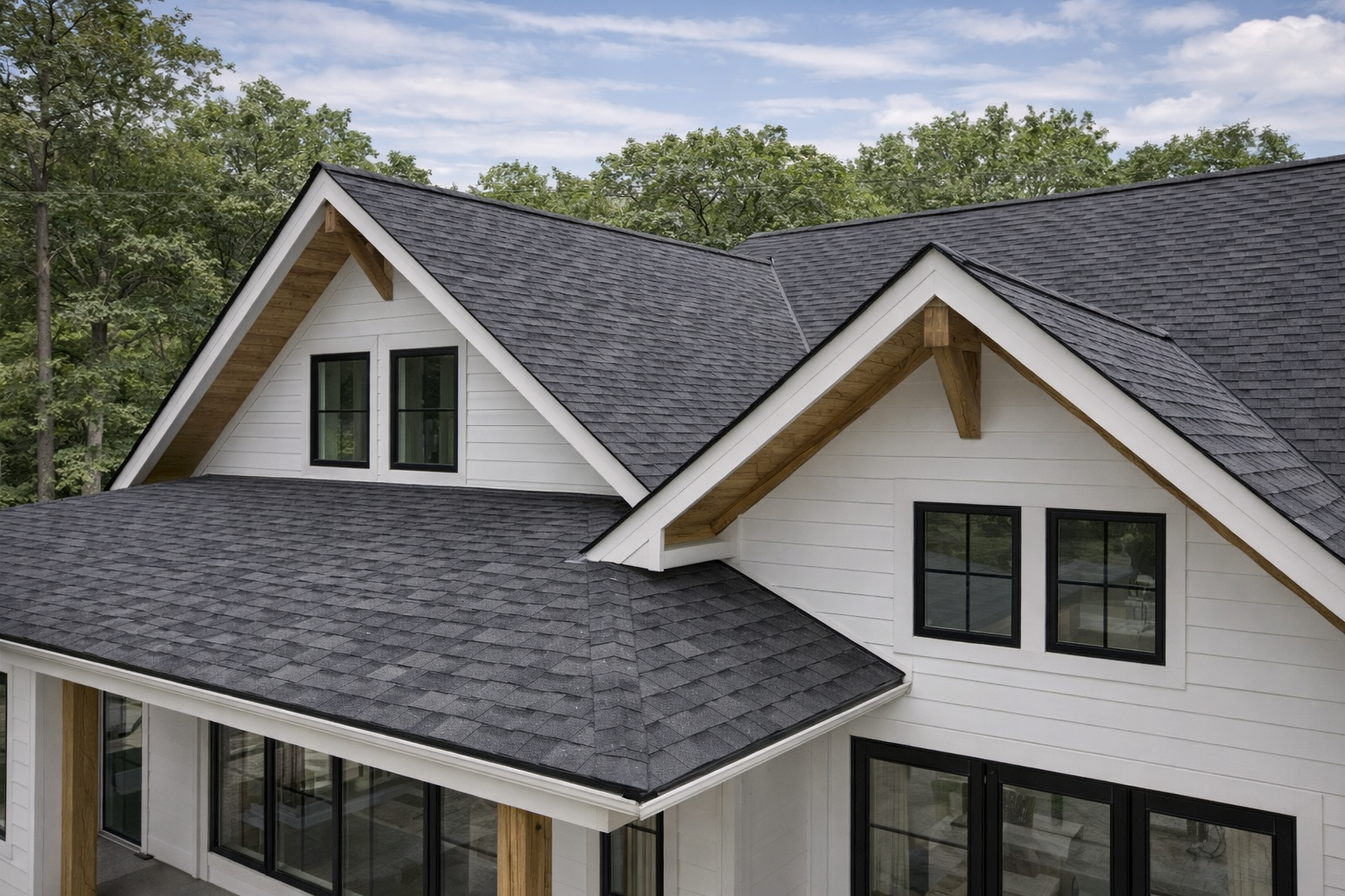 White house with dark gray roof and black window frames.