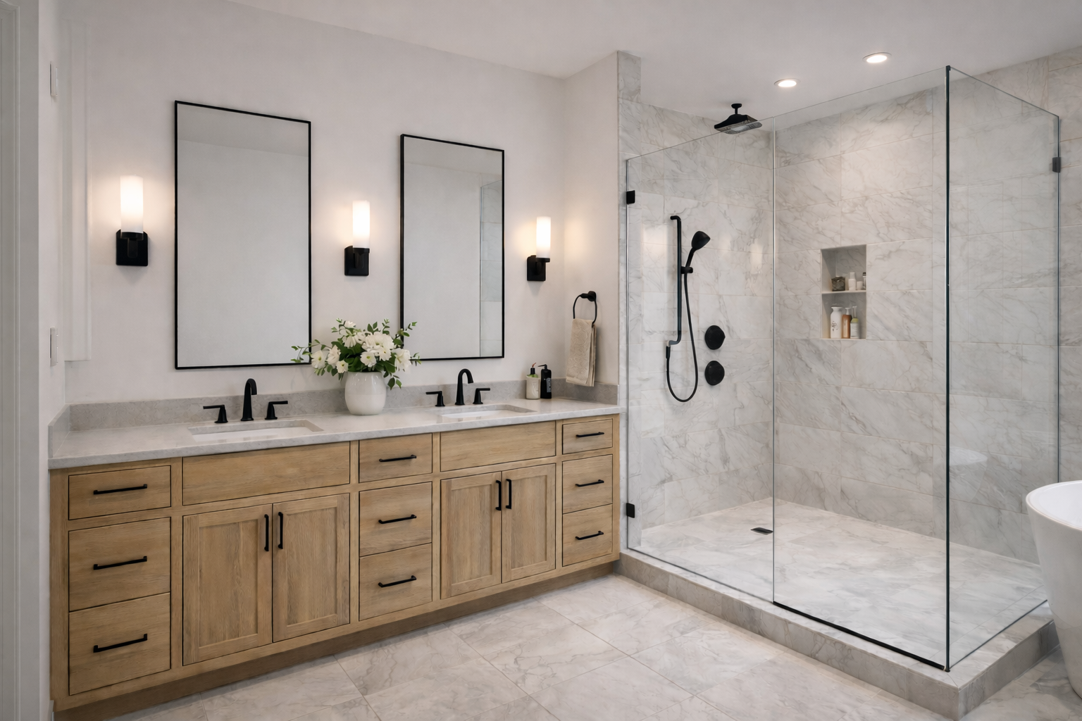 Modern bathroom with wood vanity, marble shower, and black fixtures.