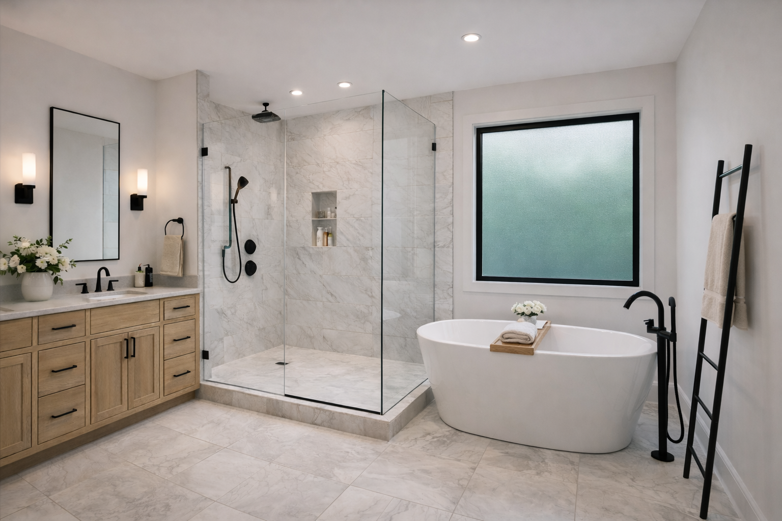 Modern bathroom with a glass shower, soaking tub, and wooden vanity.