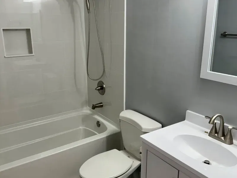 A bathroom with a toilet , sink , bathtub and shower.