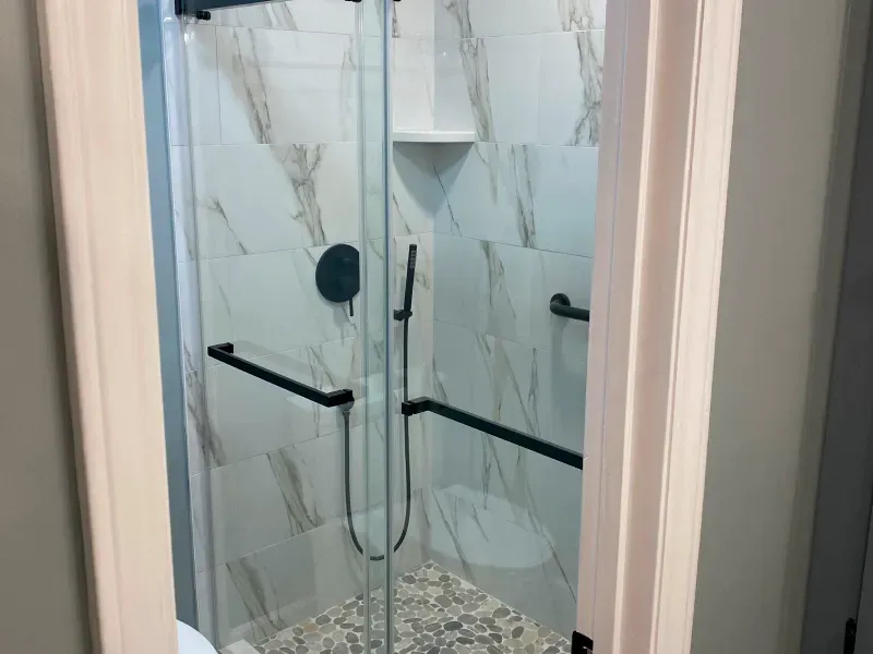 A bathroom with a walk in shower and a toilet.