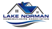 The logo for lake norman homebuilders association shows a house with a blue roof.
