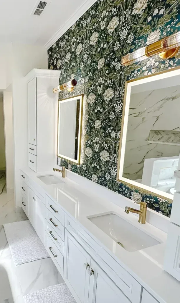A bathroom with two sinks and two mirrors.