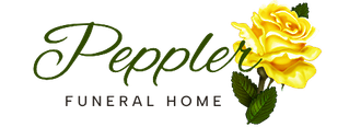 Logo for Peppler Funeral Home, text in green script with a yellow rose.
