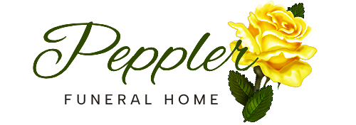 Logo for Peppler Funeral Home, text in green script with a yellow rose.