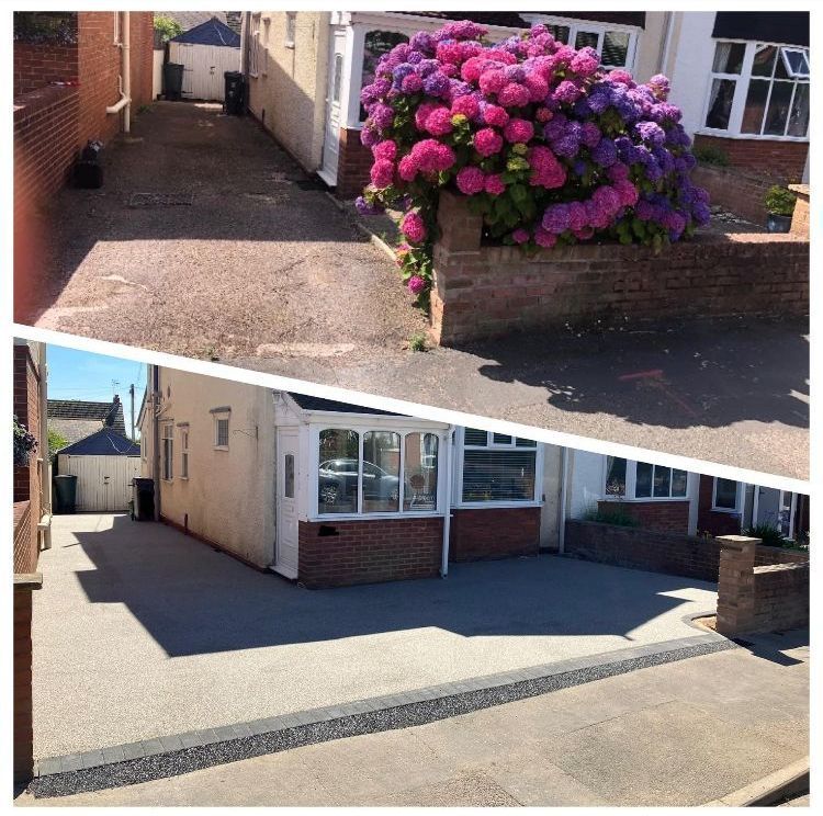 Exeter resin driveway transformation process photographs.