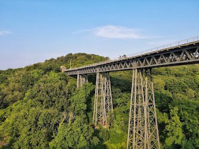 Steel railway bridge over a green, forested valley under a blue sky.