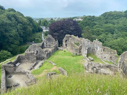 Ruins of a stone castle on a hill, surrounded by trees. Green grass and a distant town.