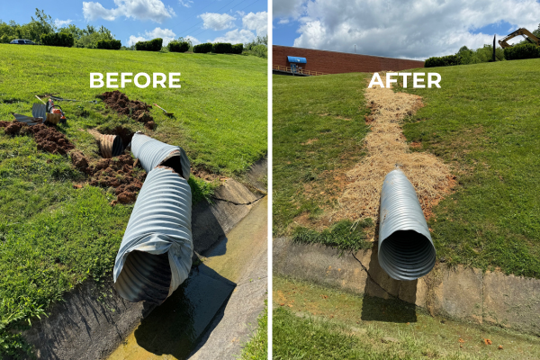 A before and after picture of a pipe being installed in a grassy area.