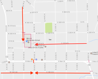 Map showing the safe route to school, as described above. The safest routes for most students are the sidewalks on 100 North and 100 South or to walk down 200 West.