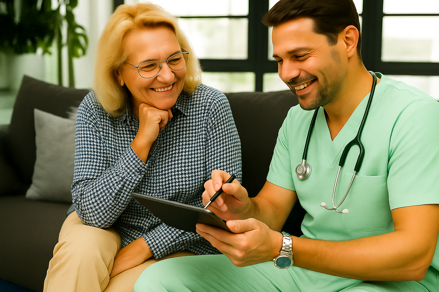 Woman in her 60s meeting with a doctor in her home