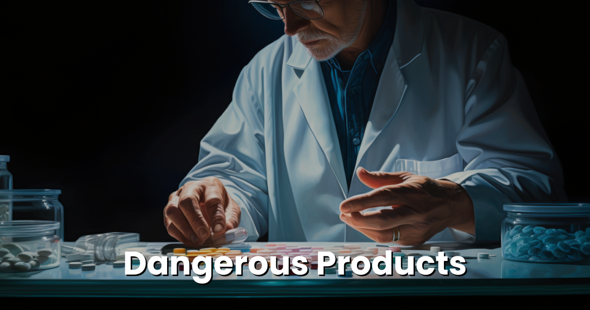 a man in a lab coat is sitting at a table with dangerous products on it