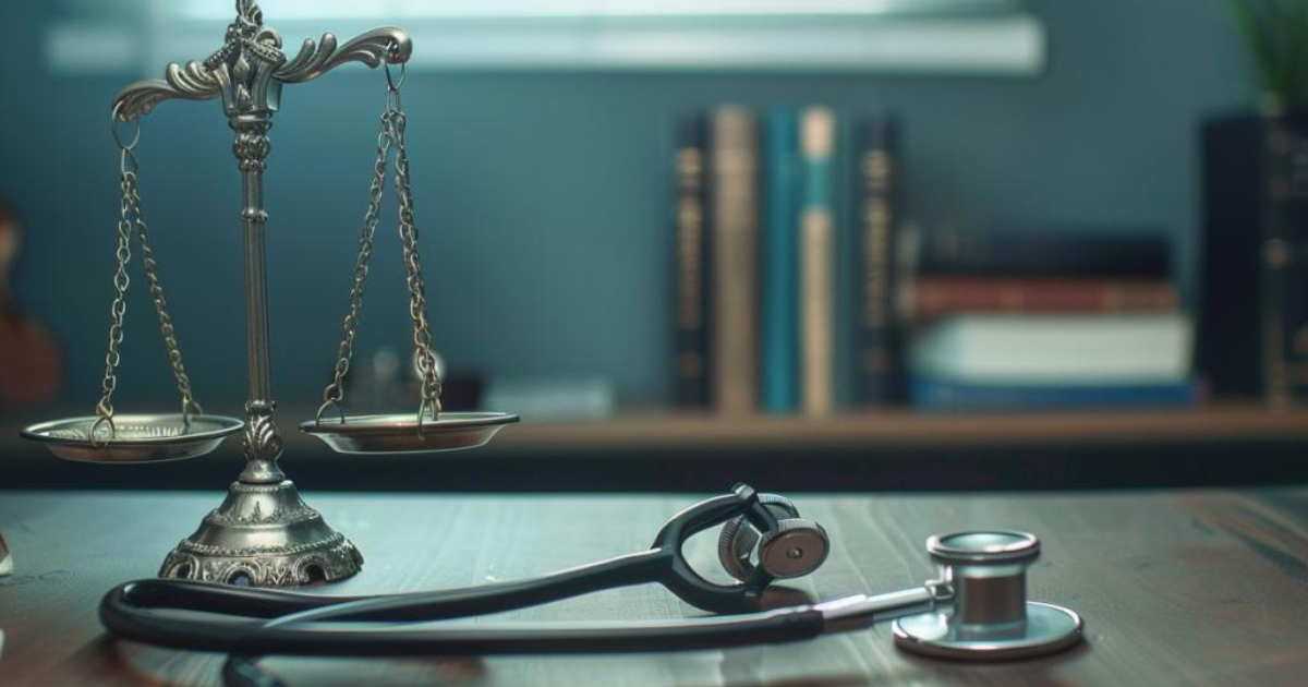 A scale of justice and a stethoscope are on a wooden table.