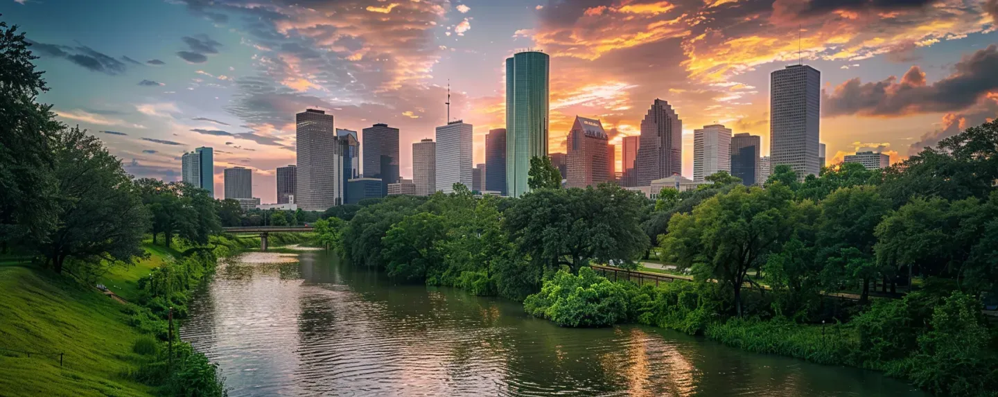 A river with a city skyline in the background at sunset.