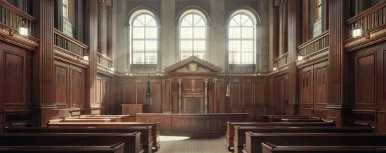 a courtroom filled with wooden benches and a judge 's bench .