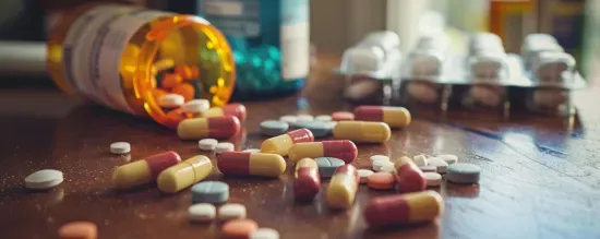 a bottle of pills is spilling out onto a wooden table .