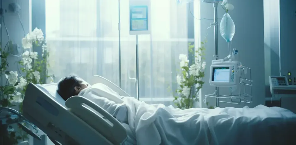 an empty hospital room with beds and a clock on the wall