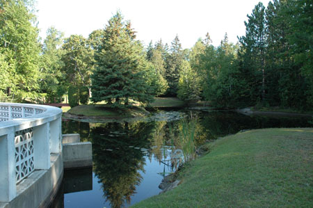 Pond with trees reflected in the water, with a curved concrete wall on the left and green grass on the right.