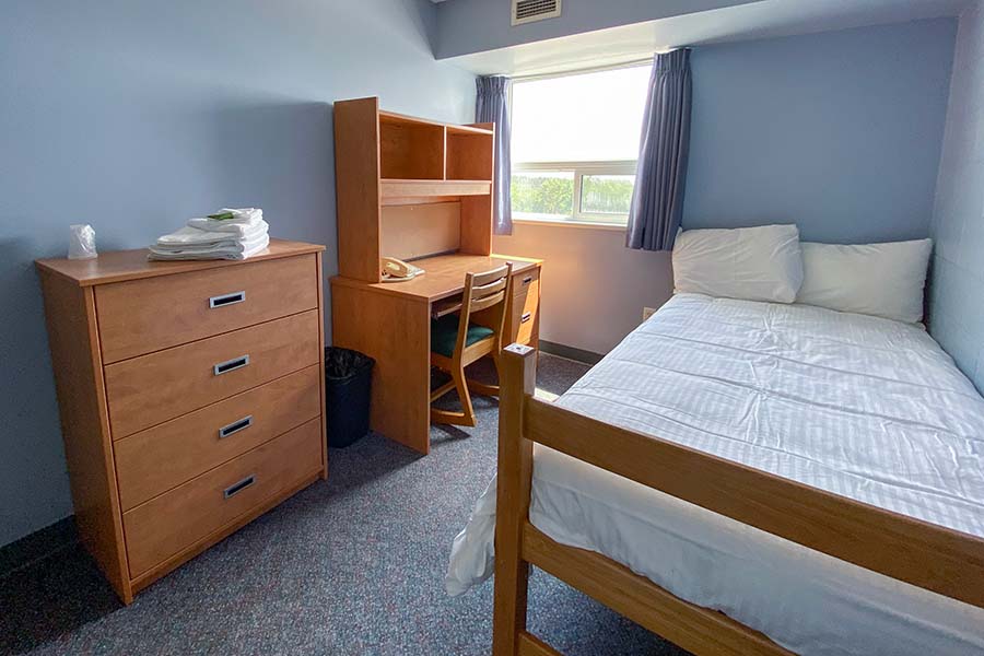 A bedroom with a bed , desk , dresser and chair.