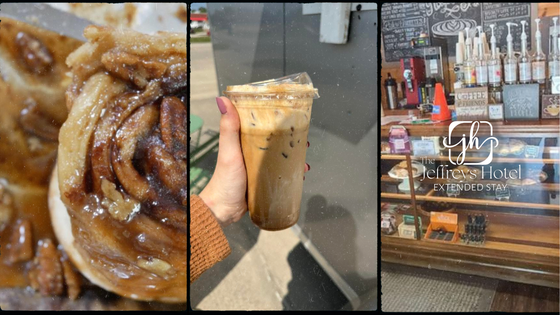 Pecan cinnamon roll, iced coffee held by a person, and a coffee shop interior with coffee syrups.