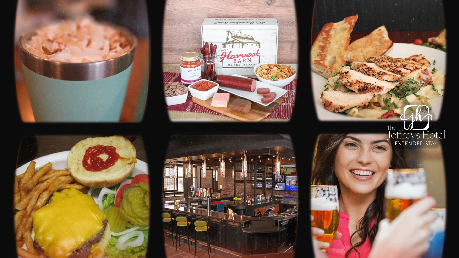 Assorted food items from Osceola, IA: gift box, chicken, burger, bar interior, woman with beer.