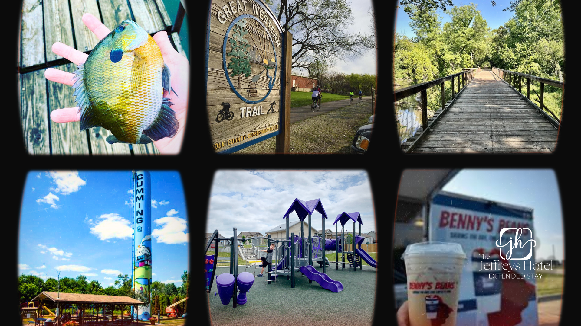 Cumming to Norwalk IA Loop: Holding fish, park sign, bridge, amusement ride, playground, coffee cup