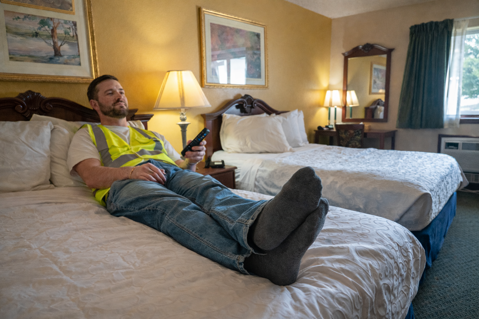 A person in a high-visibility vest and jeans relaxes on a hotel bed with feet up, holding a remote control.