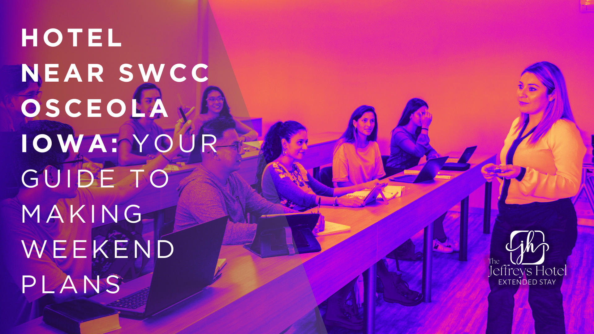 People in a classroom, the instructor speaking. Text overlays: 