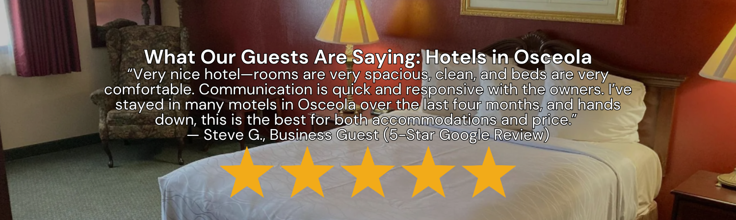 Guest testimonial for The Jeffreys Hotel highlighting spacious rooms and clean facilities in Osceola, Iowa.