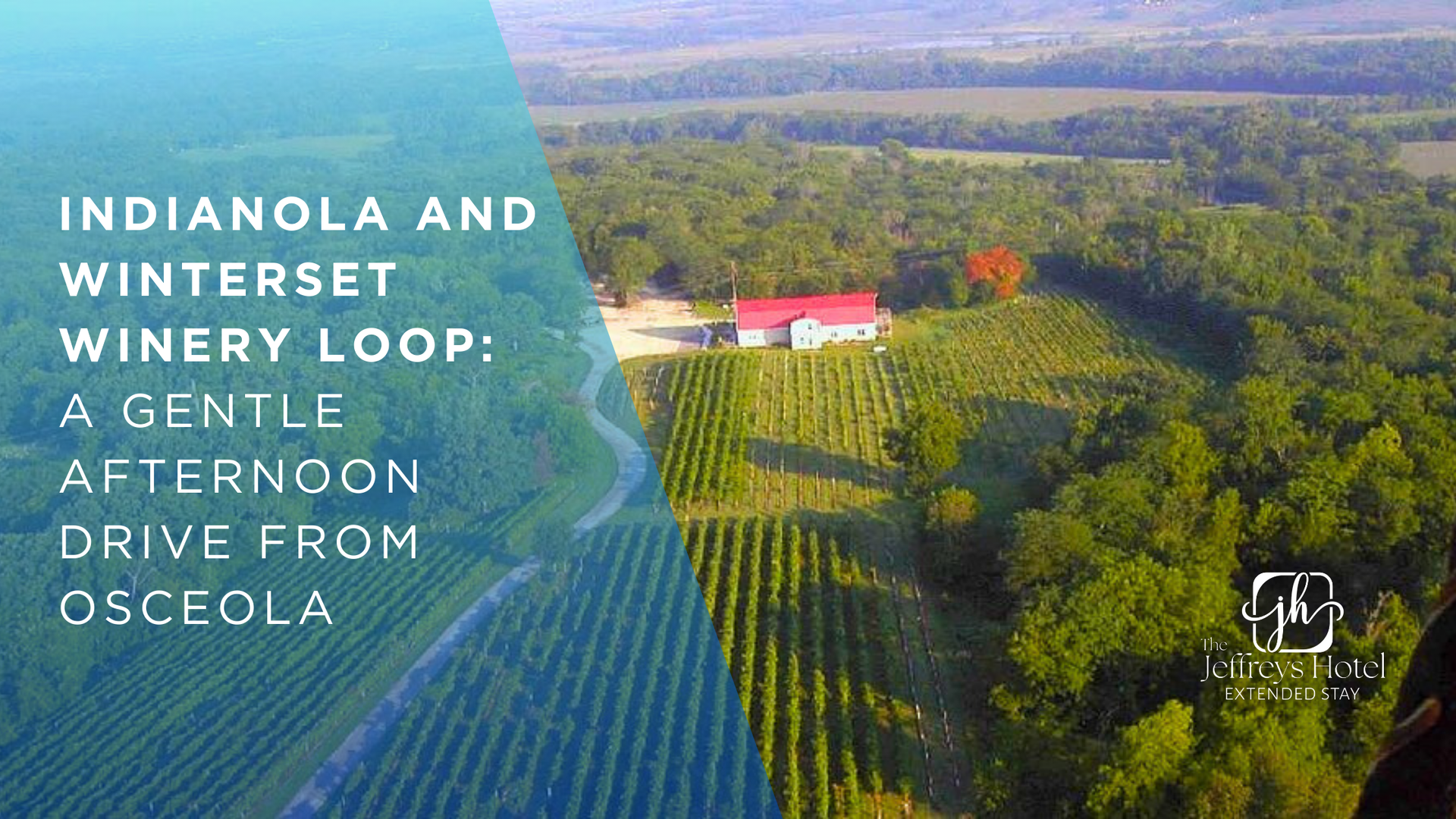 Aerial view of a vineyard and winery with text: 