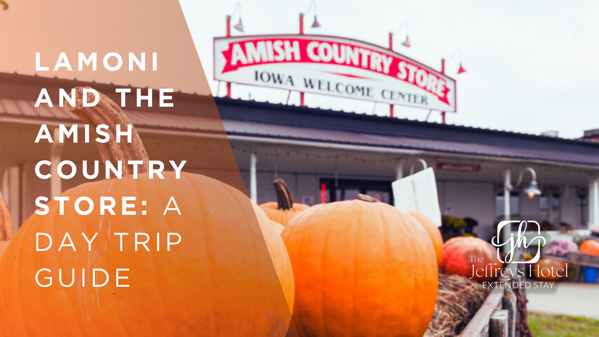 Pumpkins in front of a store with a sign that reads 
