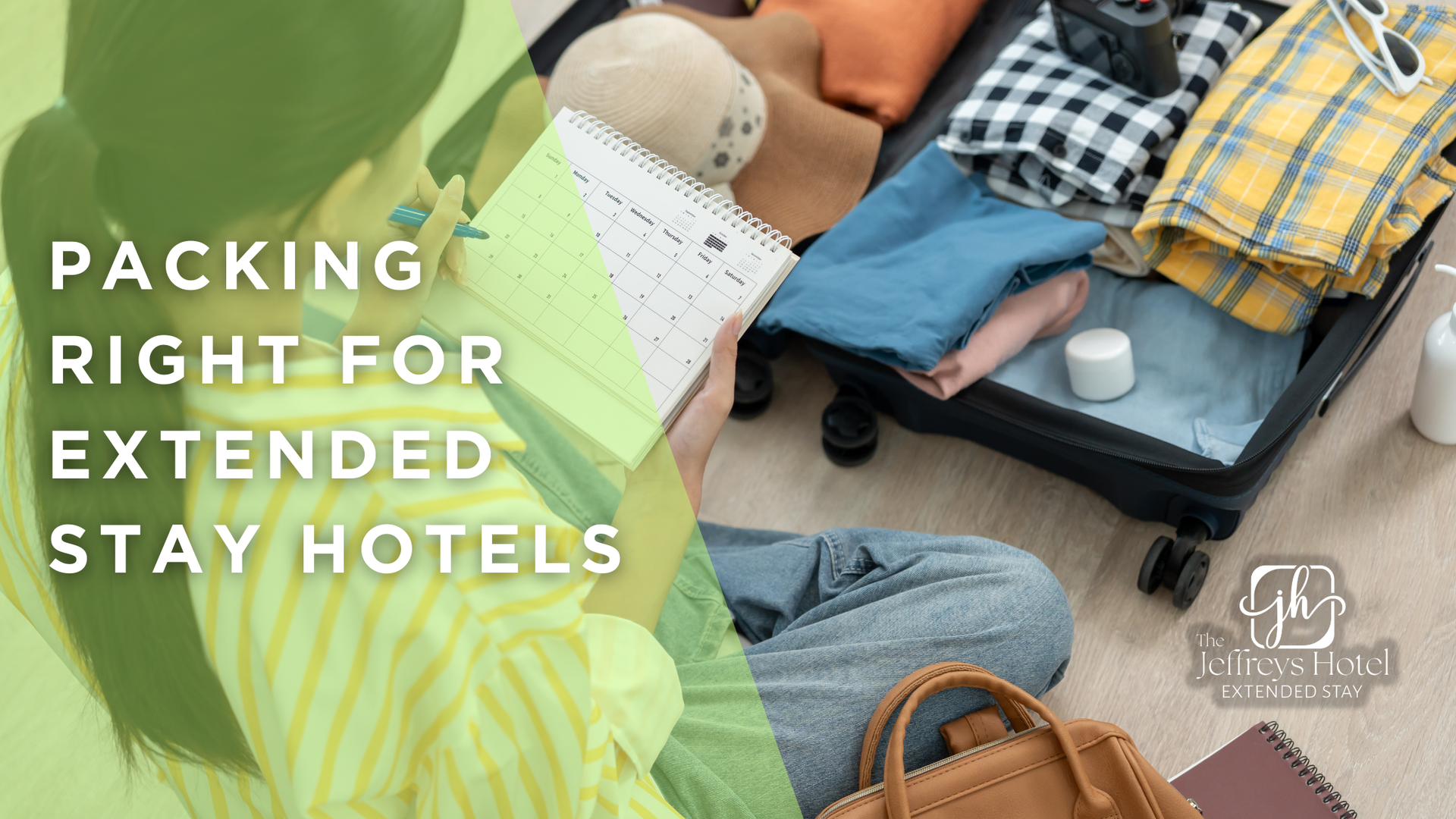 Woman packing suitcase for extended stay. Clothing, accessories, and packing checklist on floor.