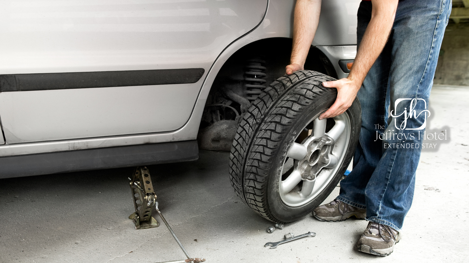 Man changing a car tire in Osceola, IA; silver car, jack, and spare tire visible.