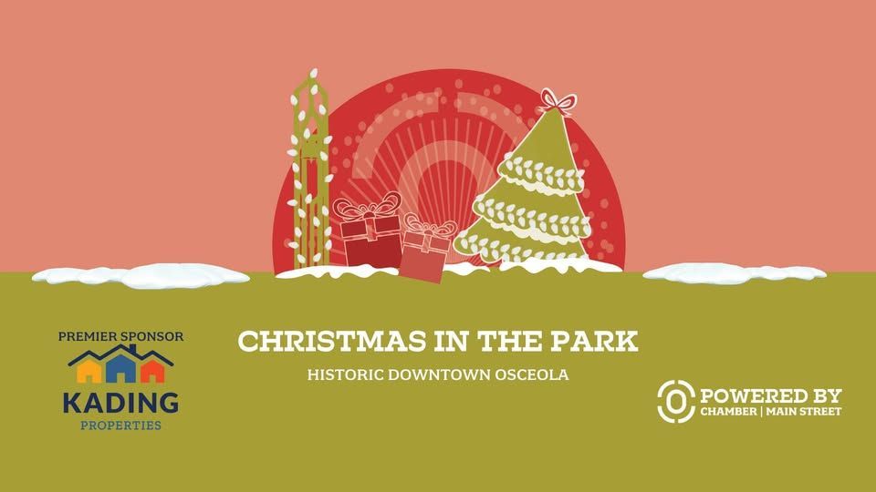 Osceola, Iowa Christmas in the Park event. Tree, presents, and lights with event info.