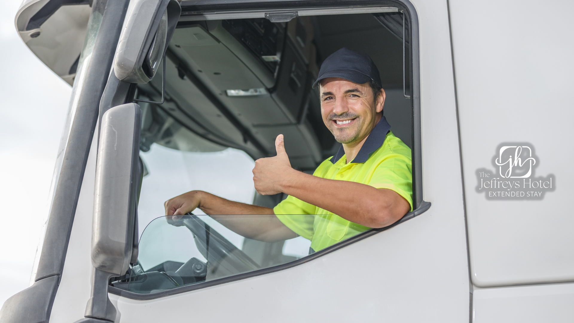 Smiling truck driver giving a thumbs-up from his cab. He wears a cap and high-visibility vest.