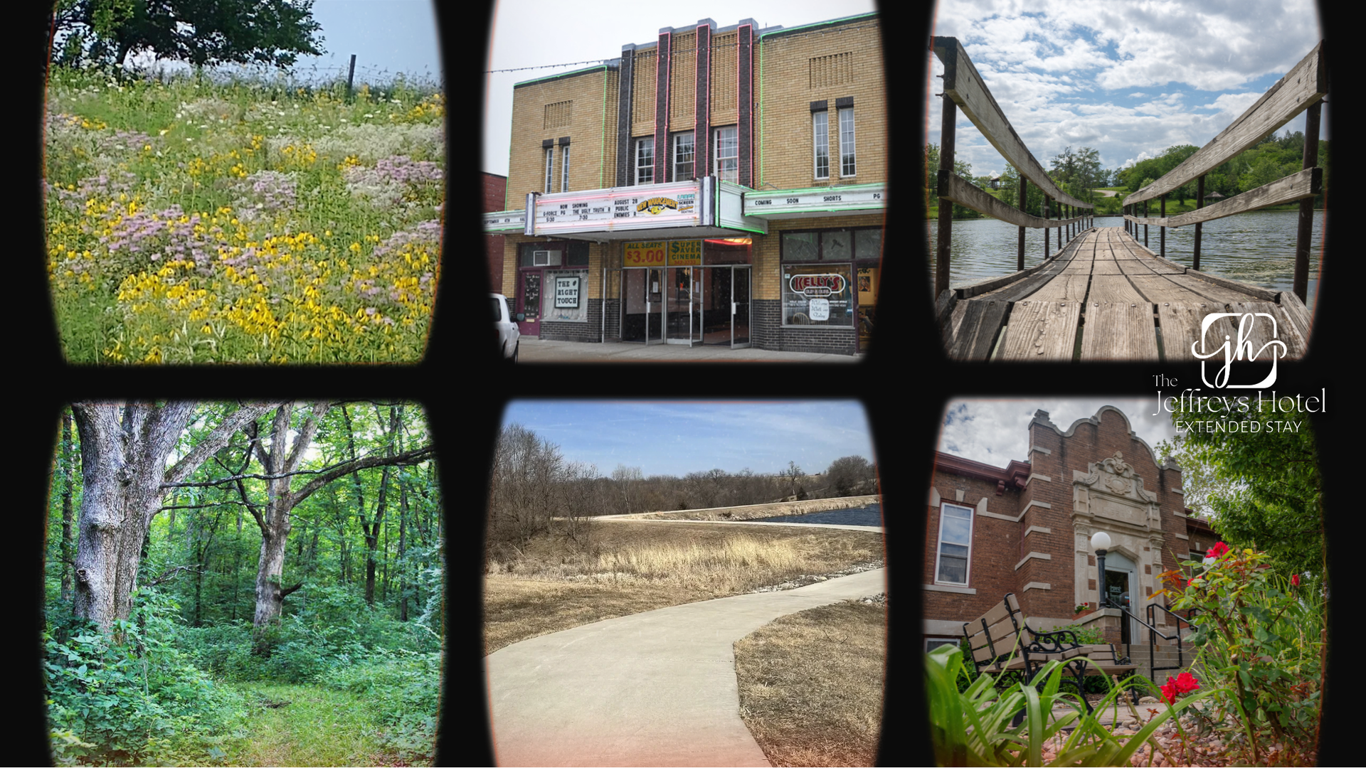 Field of flowers, vintage theater downtown Osceola IA , wooden bridge, forest, lake, brick building