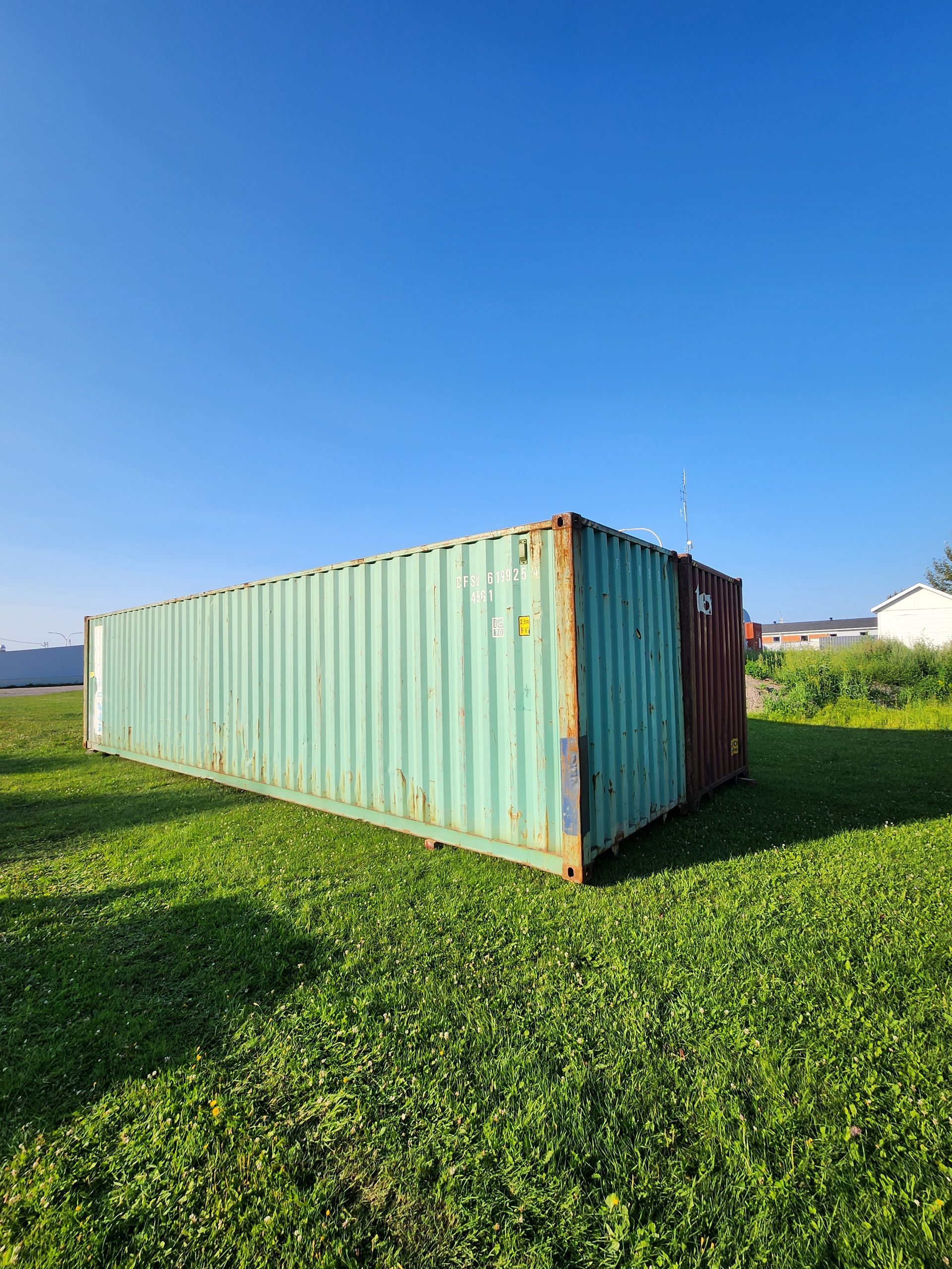 Un conteneur d'expédition vert se trouve au milieu d'un champ herbeux.