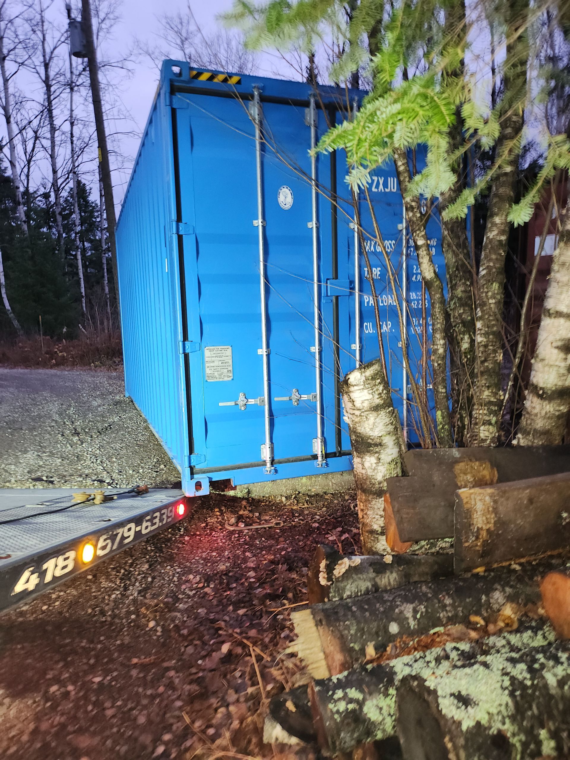 Un conteneur d'expédition bleu se trouve au milieu d'une forêt.