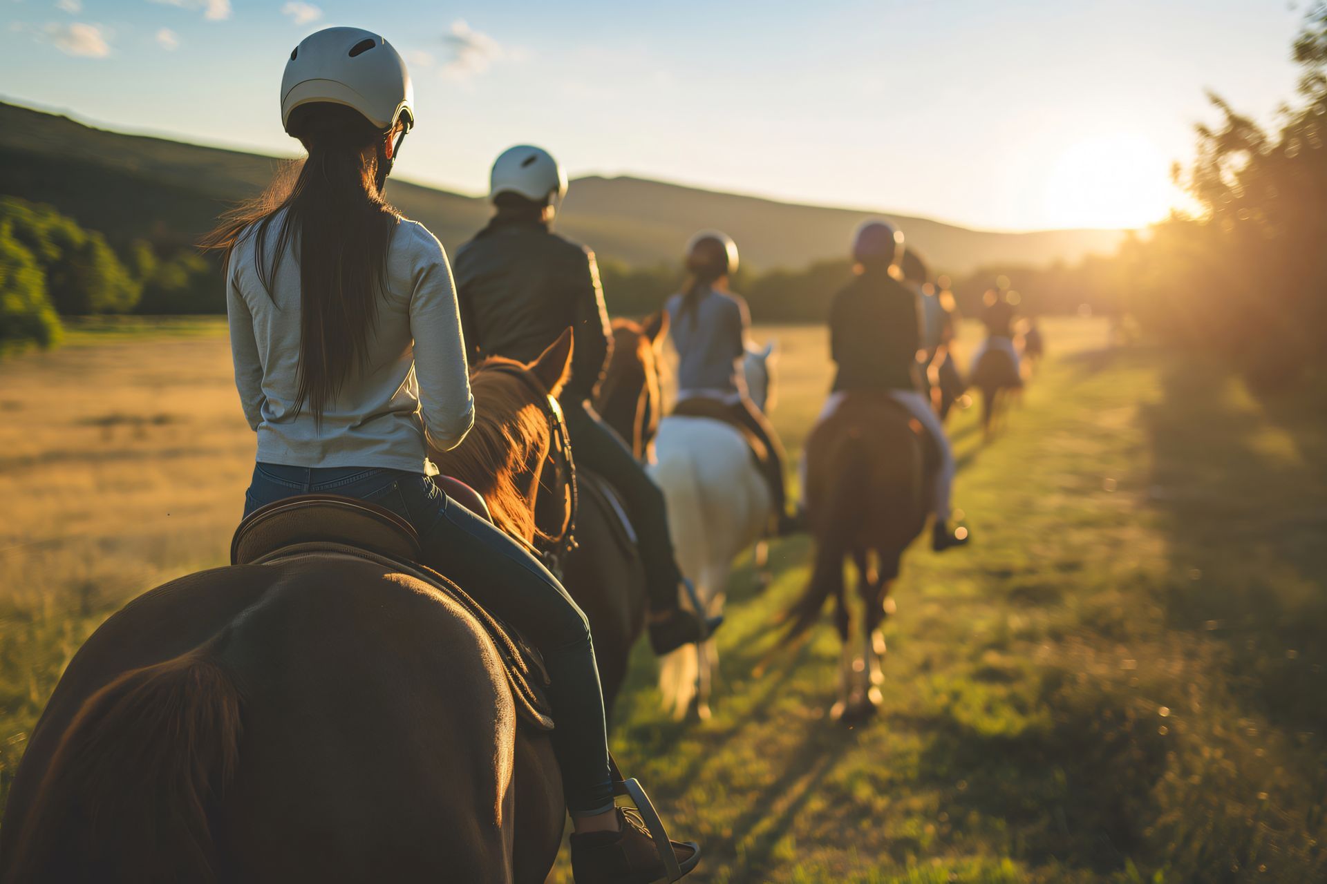A group of people are riding horses in a field at sunset.