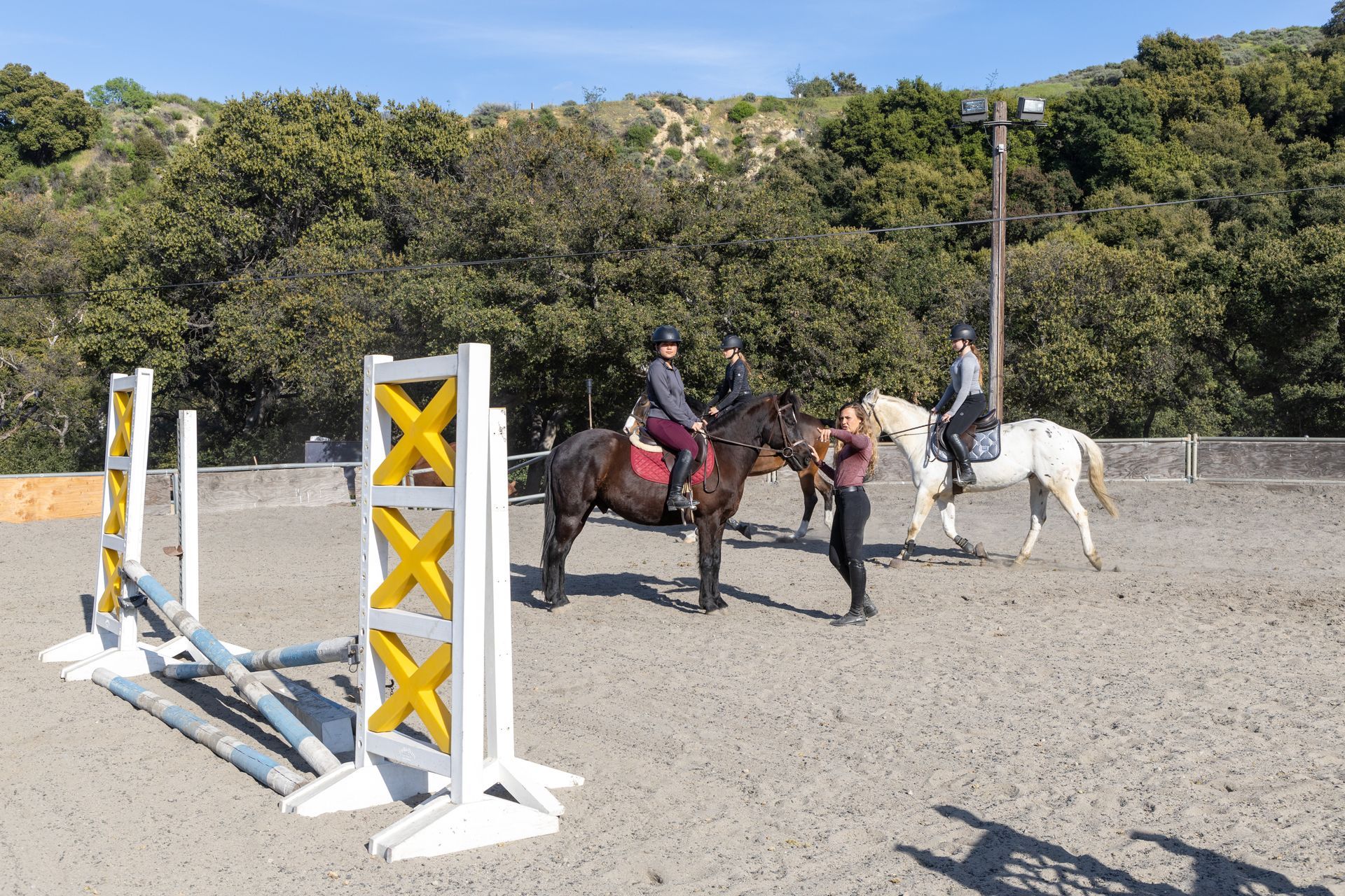 A group of people are riding horses in a dirt field.