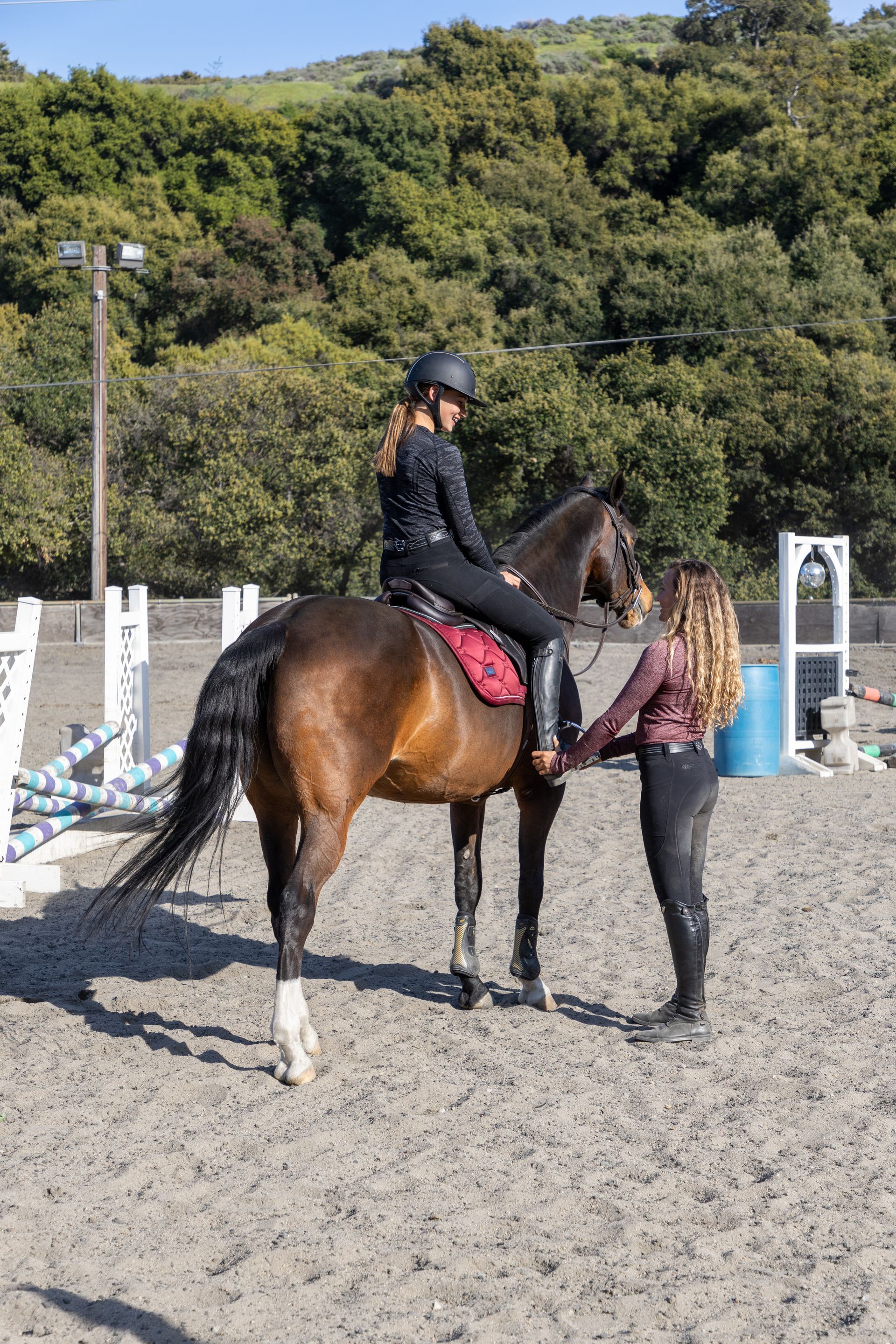 A woman is standing next to a horse in a dirt field.