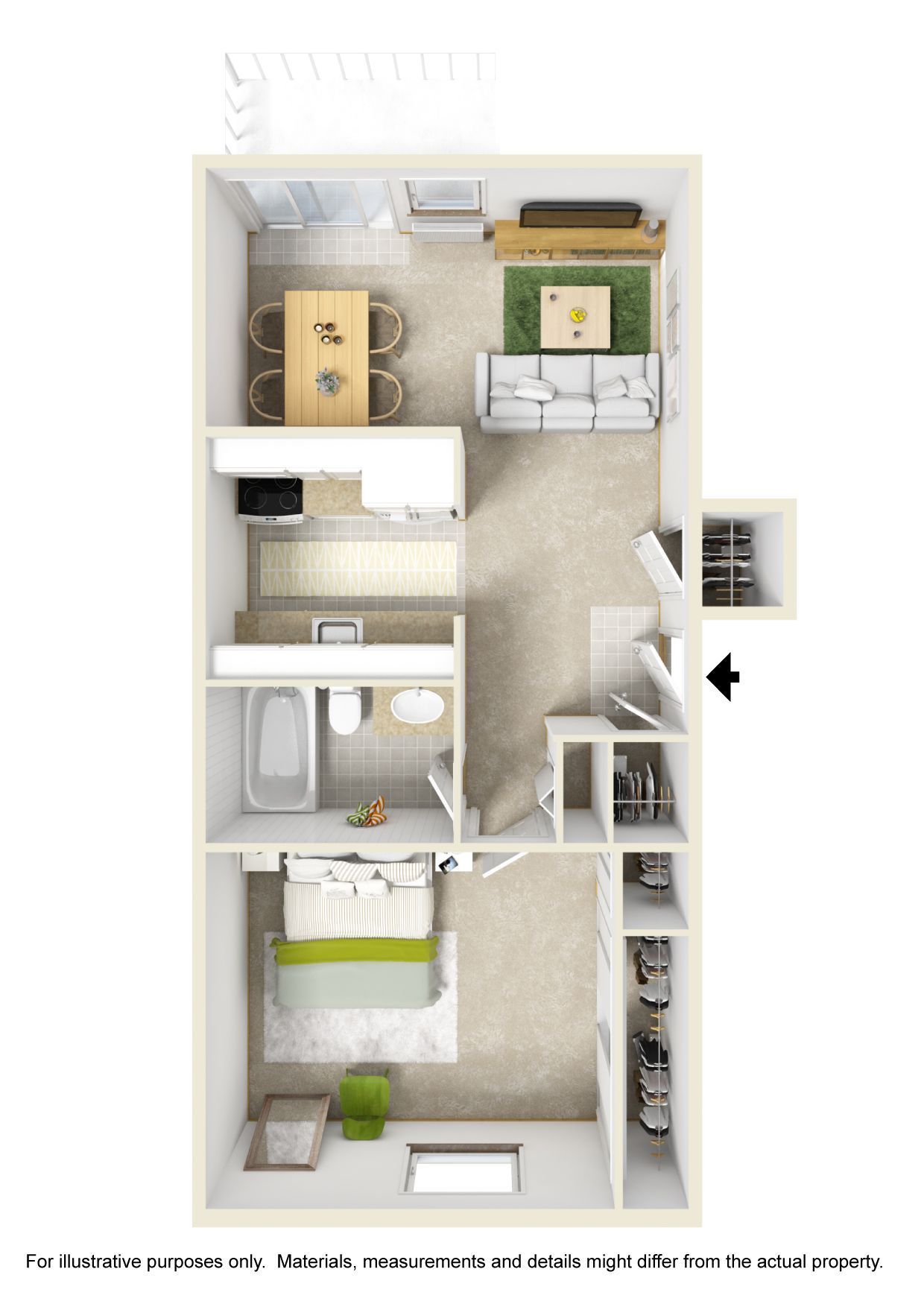 A 3d floor plan of a small apartment with a bedroom , living room , dining room , and bathroom.