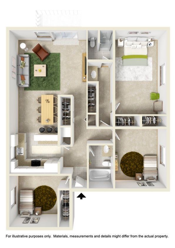 A 3d floor plan of a house with a living room , dining room , and bedroom.