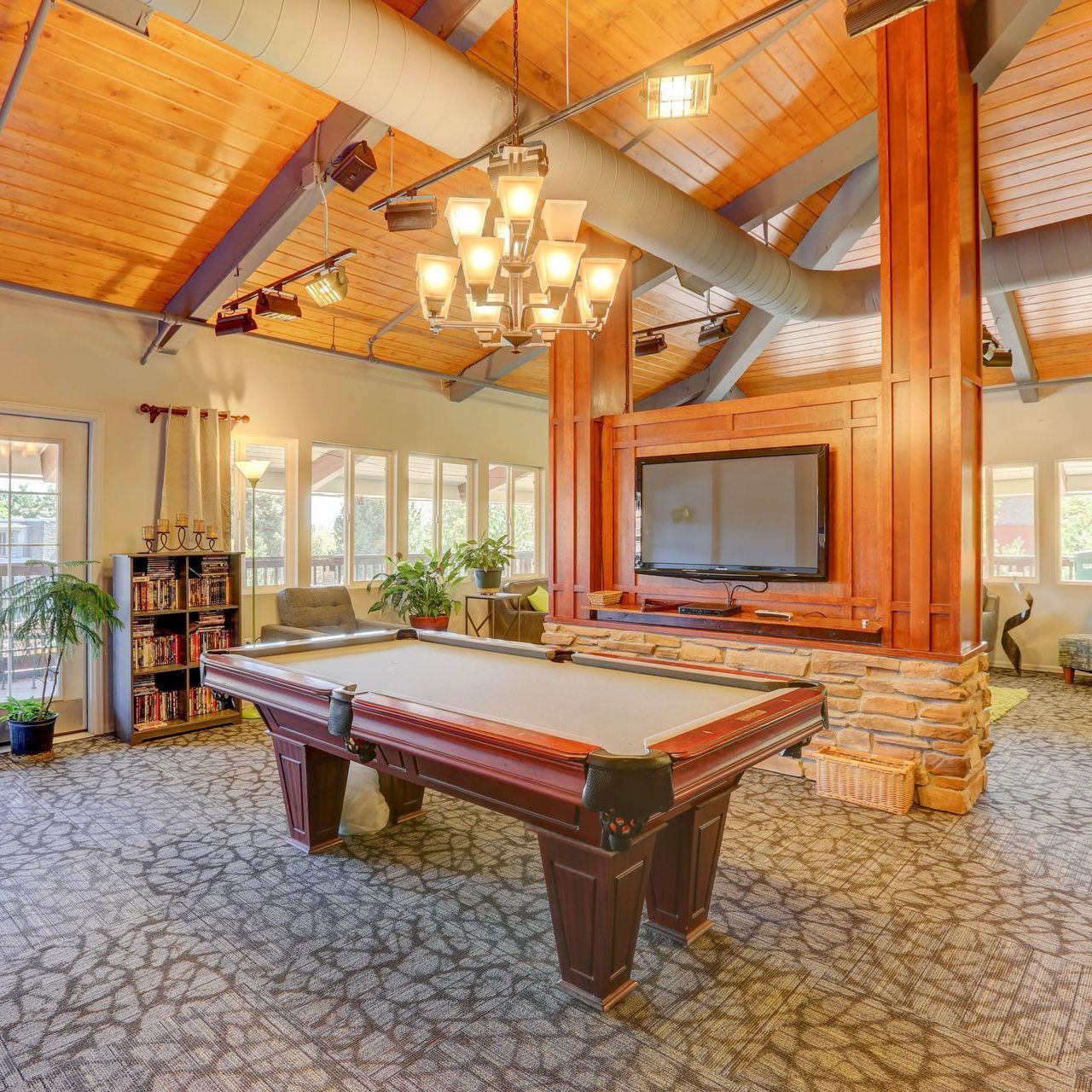 Interior photo of a seating area overlooking the city
